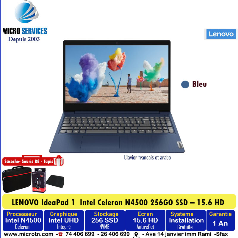 PC Portable LENOVO IdeaPad 1 Intel Celeron N4500 32Go 256Go SSD - Bleu 