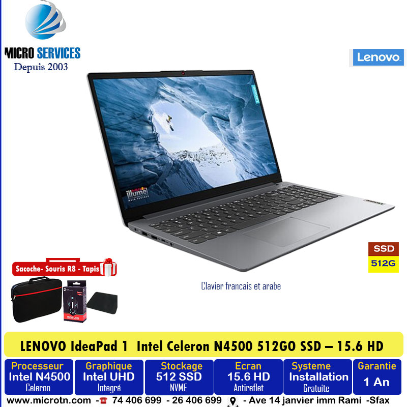 PC Portable LENOVO IdeaPad 1 Intel Celeron N4500 16GoRam -  512Go SSD- Pack cadeaux - - Gris 